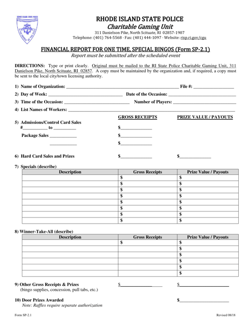 Form SP-2.1 Financial Report for One Time, Special Bingos - Rhode Island
