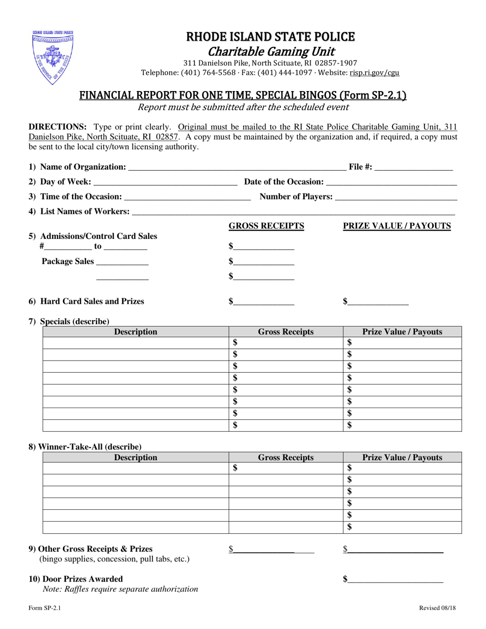 Form SP-2.1 Financial Report for One Time, Special Bingos - Rhode Island, Page 1