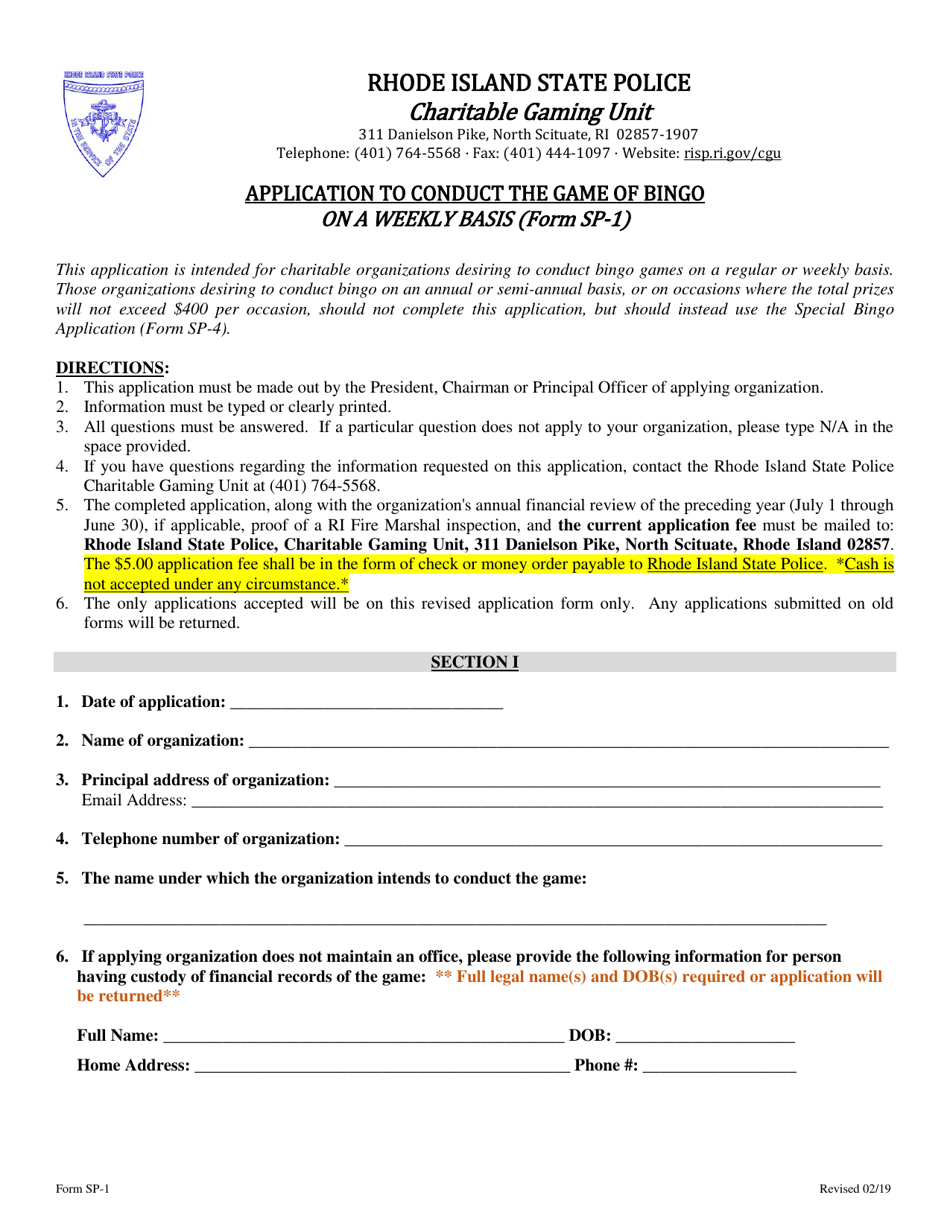 Form SP-1 Application to Conduct the Game of Bingo on a Weekly Basis - Rhode Island, Page 1