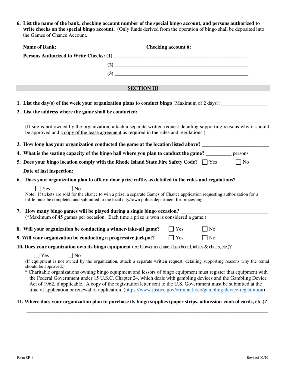 Form SP-1 Application to Conduct the Game of Bingo on a Weekly Basis - Rhode Island, Page 3