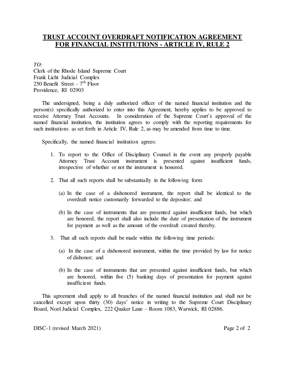 Form DISC-1 Trust Account Overdraft Notification Agreement for Financial Institutions - Article IV, Rule 2 - Rhode Island, Page 1