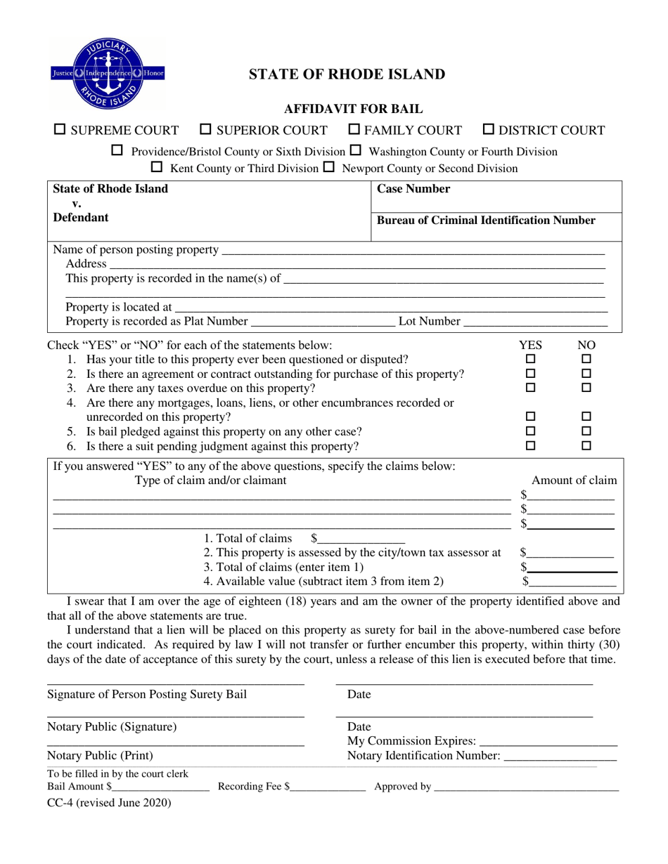 Form CC-4 Affidavit for Bail - Rhode Island, Page 1