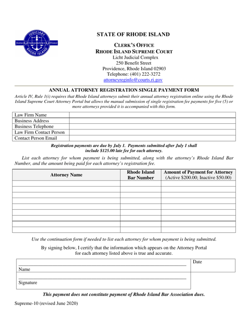 Form Supreme-10 Annual Attorney Registration Single Payment Form - Rhode Island