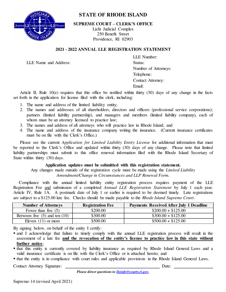 Form Supreme-14 Annual Lle Registration Statement - Rhode Island, Page 1
