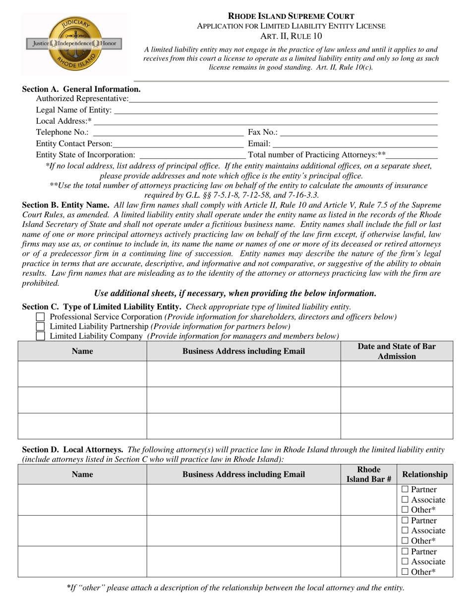 Application for Limited Liability Entity License - Rhode Island, Page 1