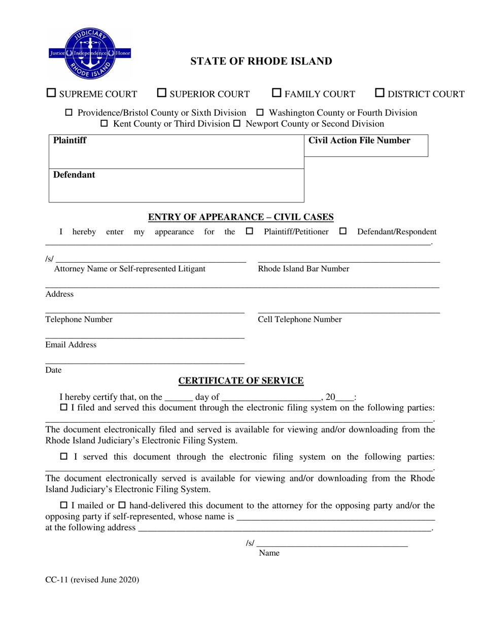 Form CC-11 Entry of Appearance - Civil Cases - Rhode Island, Page 1
