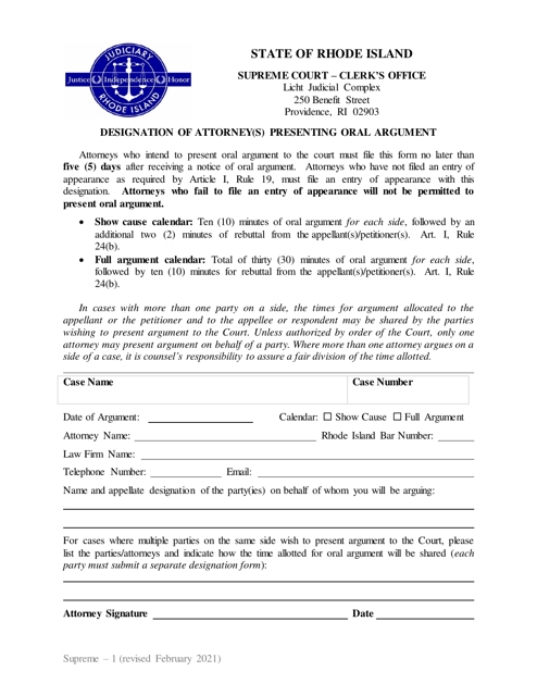 Form Supreme-1 Designation of Attorney(S) Presenting Oral Argument - Rhode Island