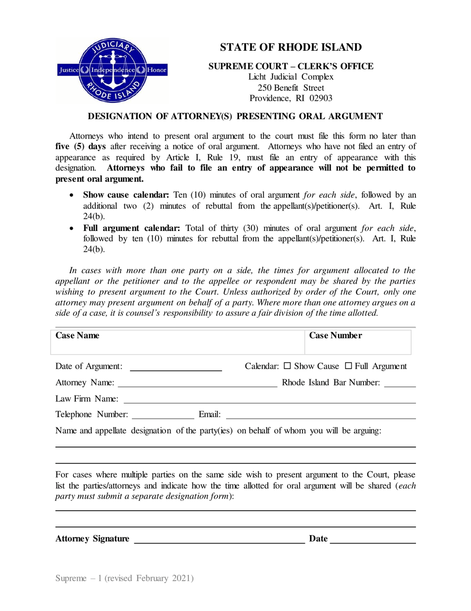 Form Supreme-1 Designation of Attorney(S) Presenting Oral Argument - Rhode Island, Page 1
