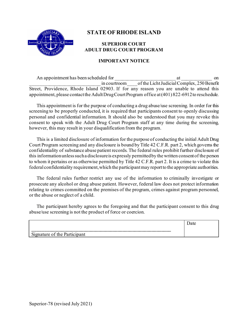 Form Supreme-78 Important Notice - Adult Drug Court Program - Rhode Island, Page 1
