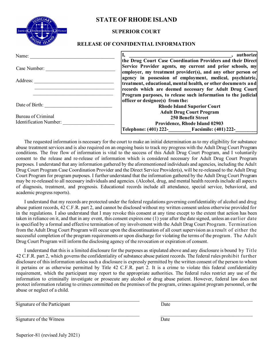 Form Superior-81 Release of Confidential Information - Rhode Island, Page 1