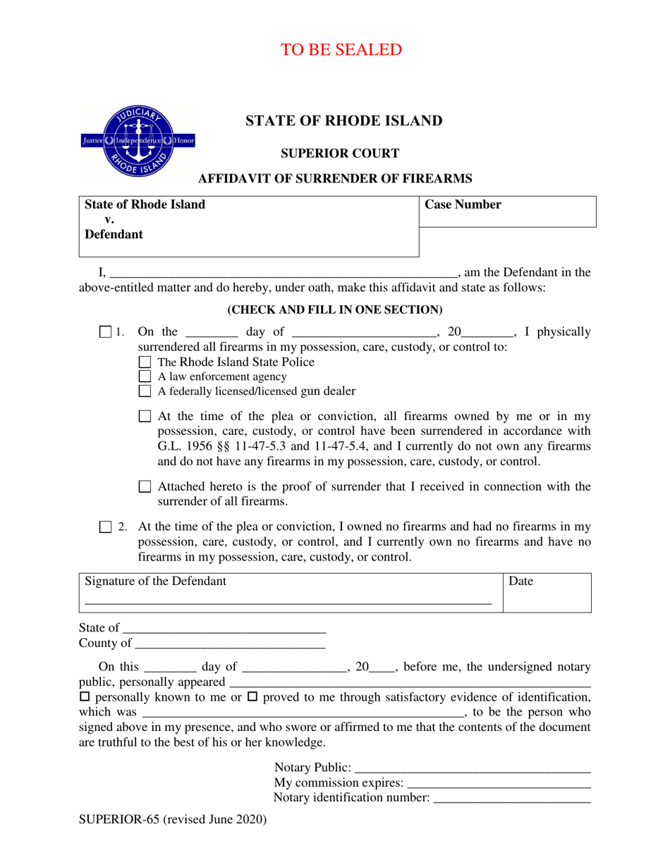 Form Superior-65 Affidavit of Surrender of Firearms - Rhode Island, Page 1