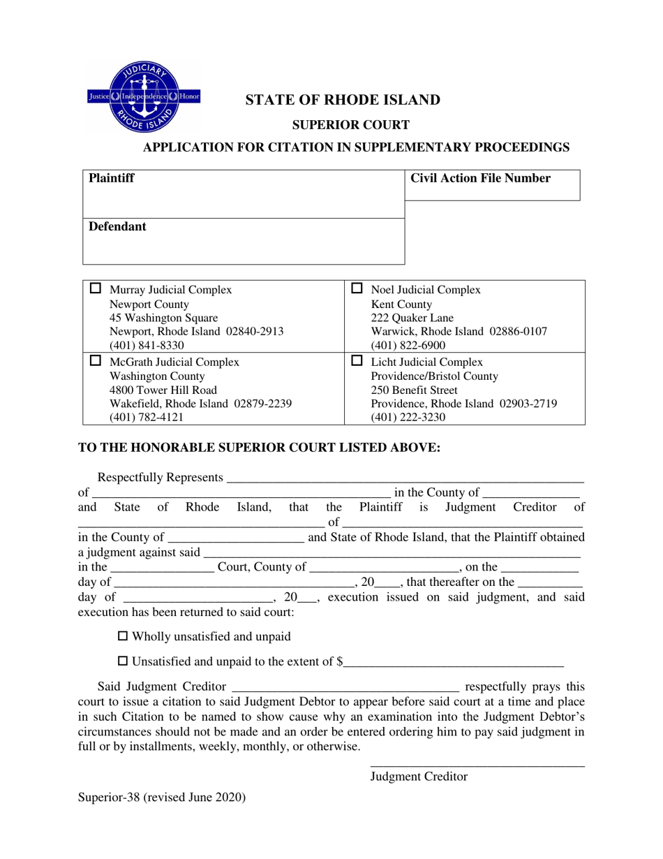Form Superior-38 Application for Citation in Supplementary Proceedings - Rhode Island, Page 1