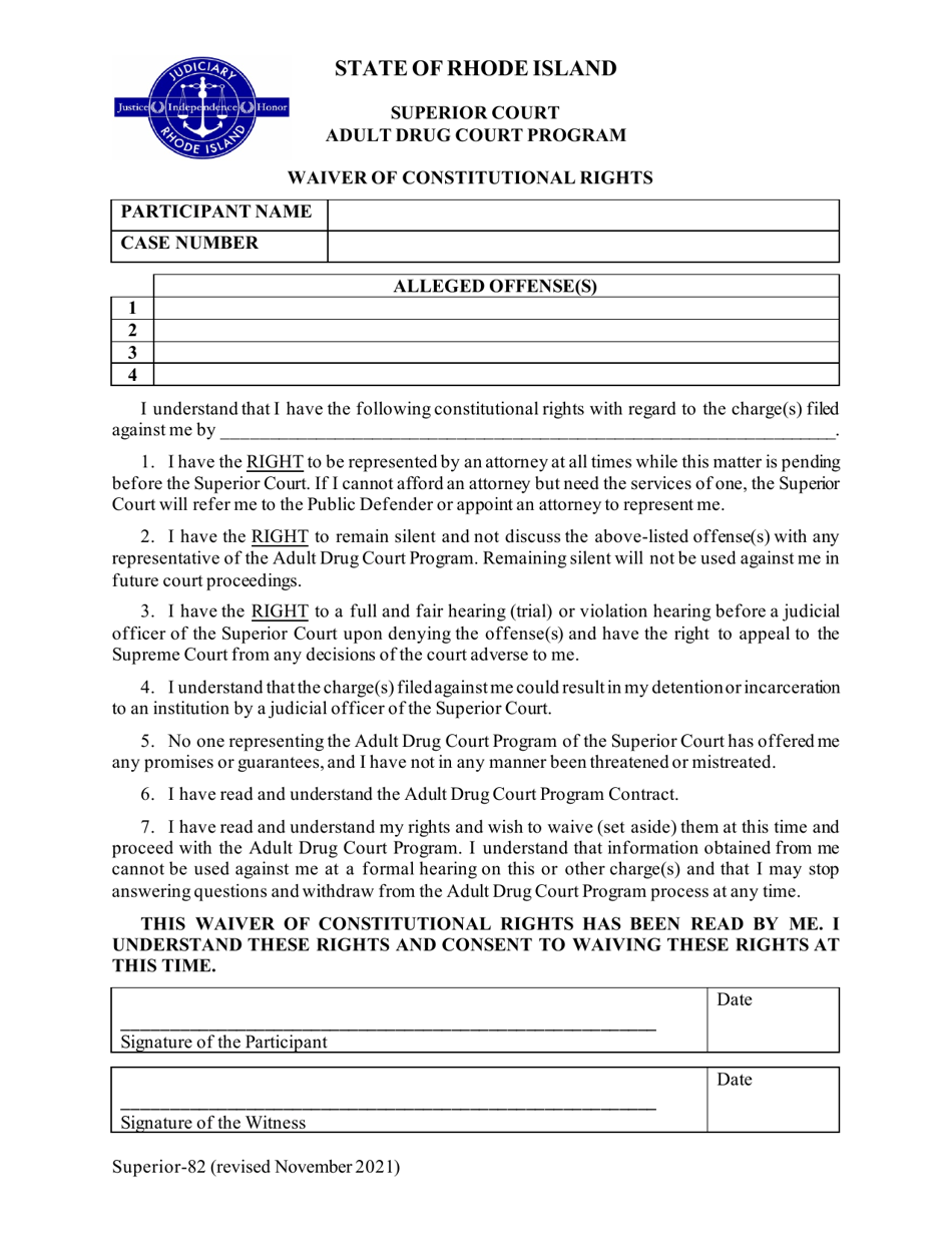 Form Superior-82 Waiver of Constitutional Rights - Adult Drug Court Program - Rhode Island, Page 1