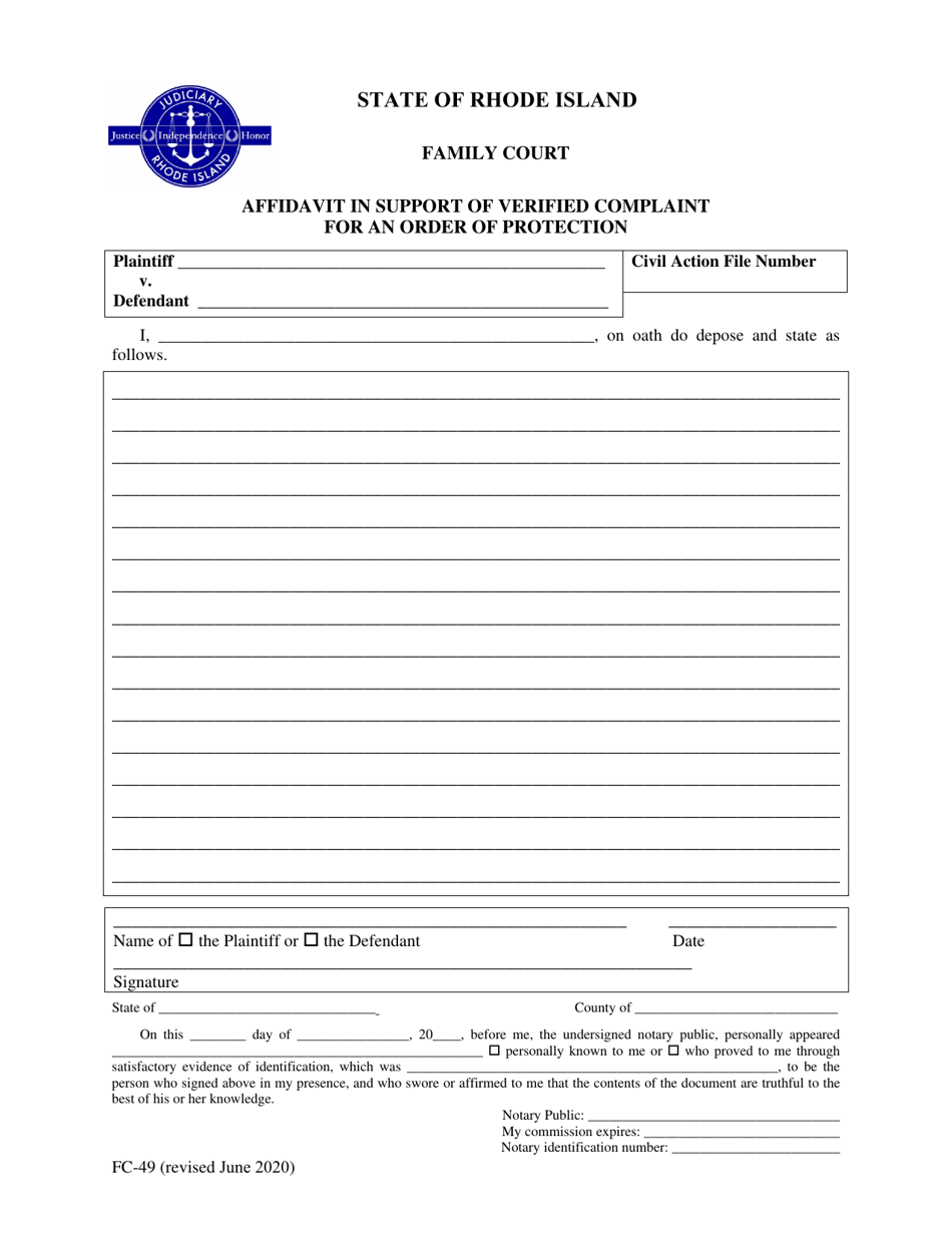 Form FC-49 Affidavit in Support of Verified Complaint for an Order of Protection - Rhode Island, Page 1