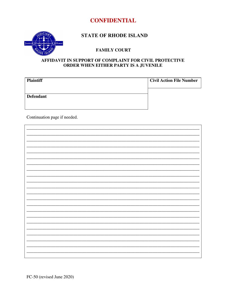 Form FC-50 Affidavit in Support of Complaint for Civil Protective Order When Either Party Is a Juvenile - Rhode Island, Page 2