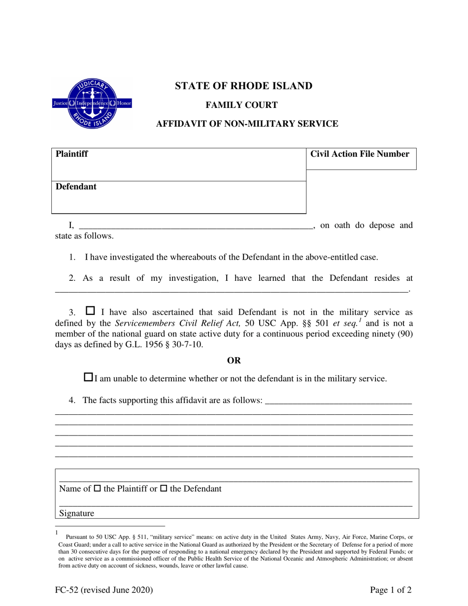 Form FC-52 Affidavit of Non-military Service - Rhode Island, Page 1