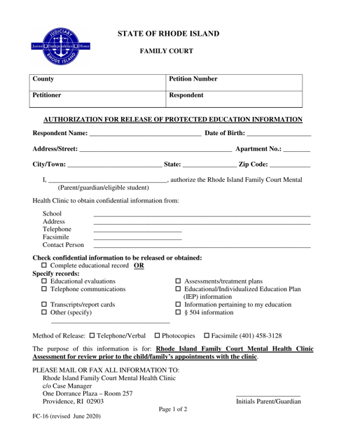 Form FC-16 Authorization for Release of Protected Education Information - Rhode Island