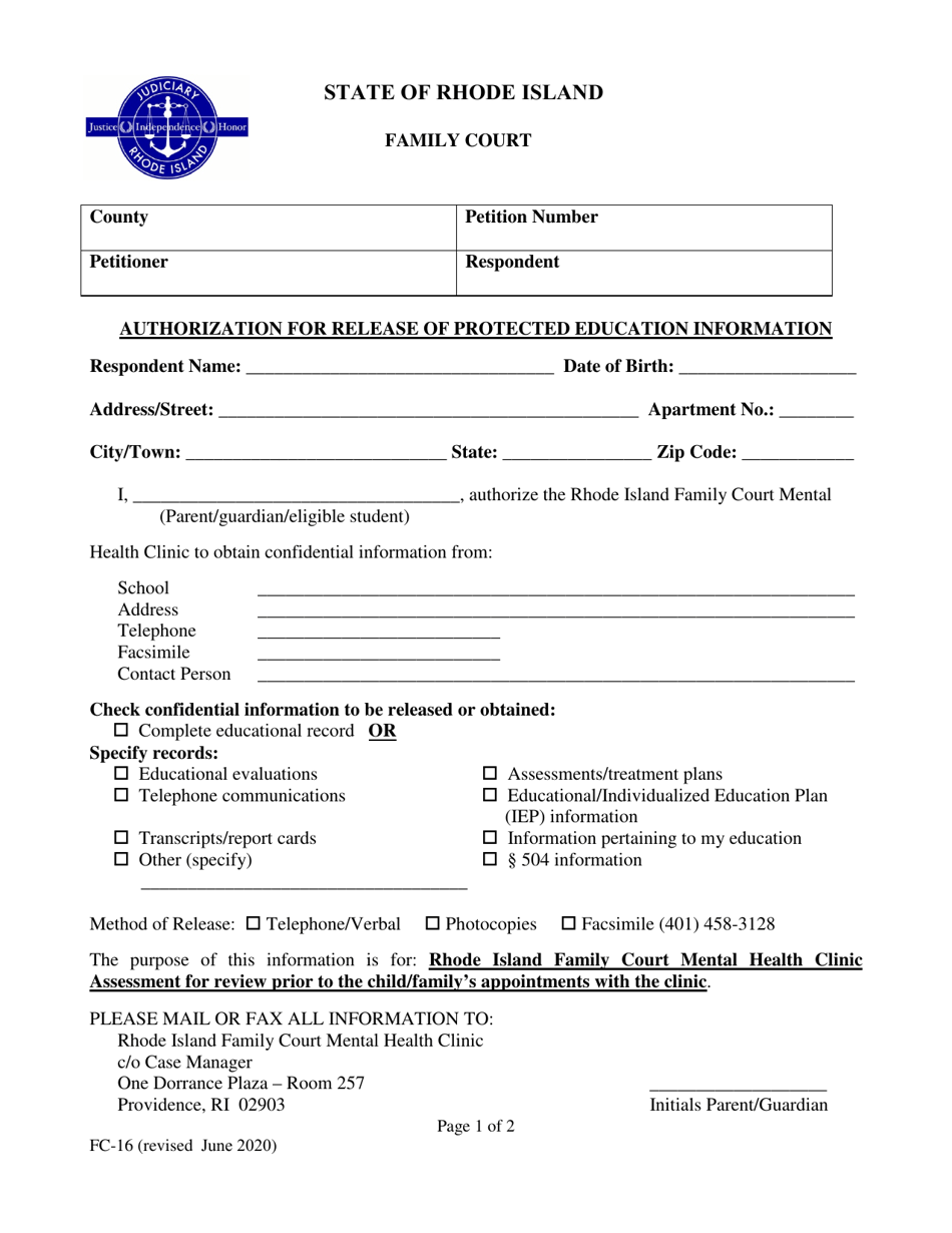 Form FC-16 Authorization for Release of Protected Education Information - Rhode Island, Page 1