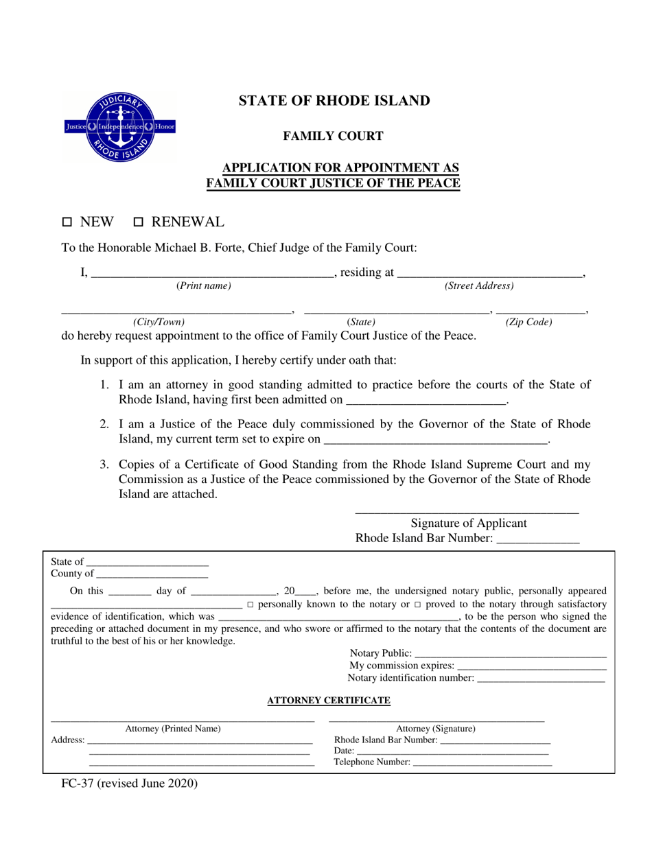 Form FC-37 Application for Appointment as Family Court Justice of the Peace - Rhode Island, Page 1