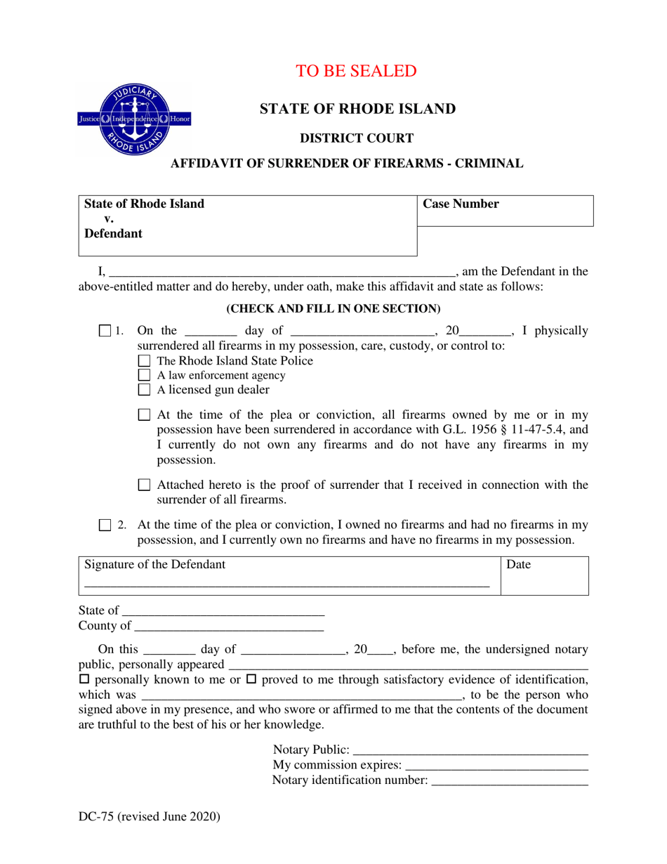 Form DC-75 Affidavit of Surrender of Firearms - Criminal - Rhode Island, Page 1