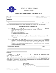 Form DC-74 &quot;Affidavit of Surrender of Firearms - Civil&quot; - Rhode Island