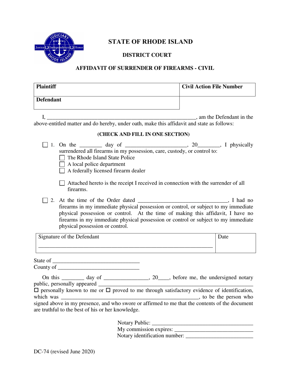 Form DC-74 Affidavit of Surrender of Firearms - Civil - Rhode Island, Page 1