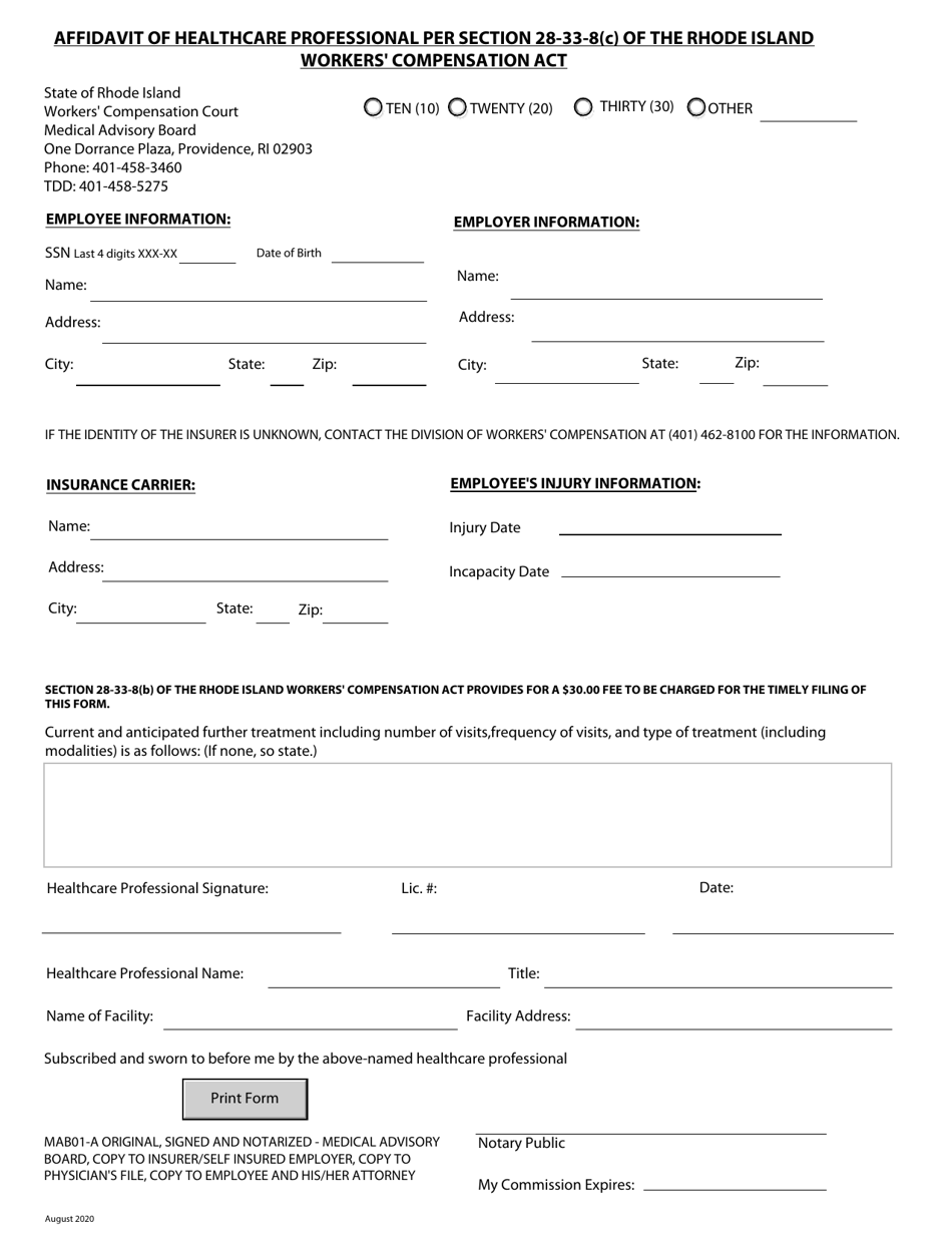 Form MAB01-A Affidavit of Healthcare Professional - Rhode Island, Page 1