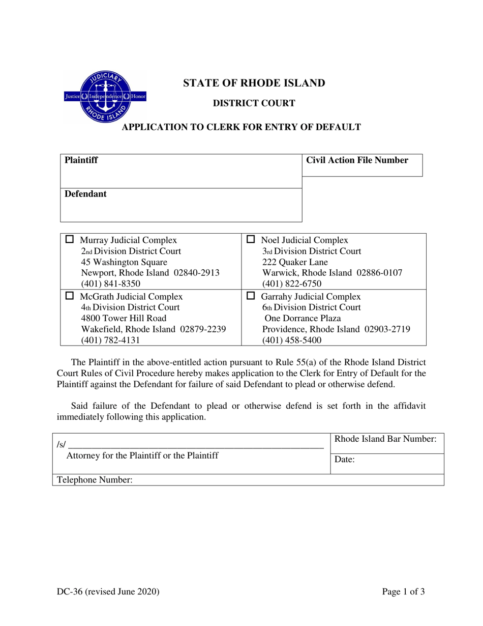 Form DC-36 Application to Clerk for Entry of Default - Rhode Island, Page 1