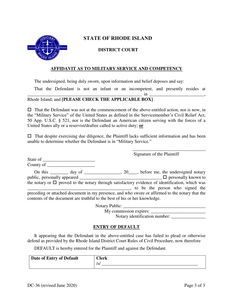 Form DC-36 Application to Clerk for Entry of Default - Rhode Island, Page 3