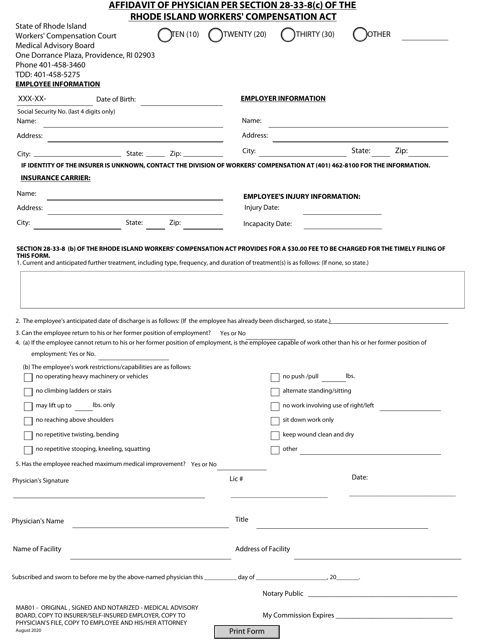 Form MAB01 Affidavit of Physician - Rhode Island