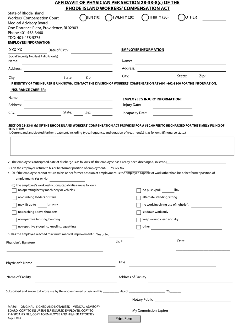Form MAB01 Affidavit of Physician - Rhode Island, Page 1