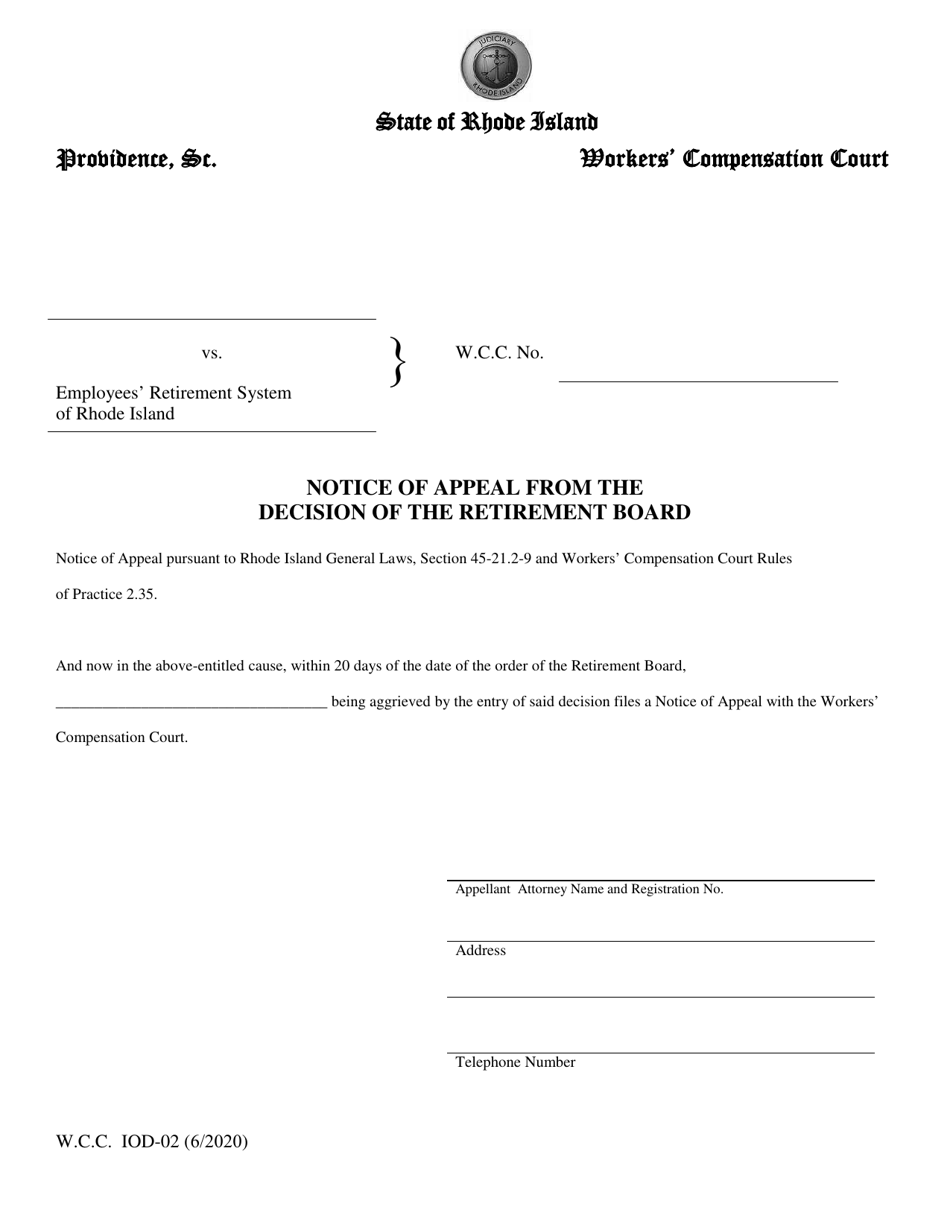 Form W.C.C. IOD-02 Notice of Appeal From the Decision of the Retirement Board - Rhode Island, Page 1