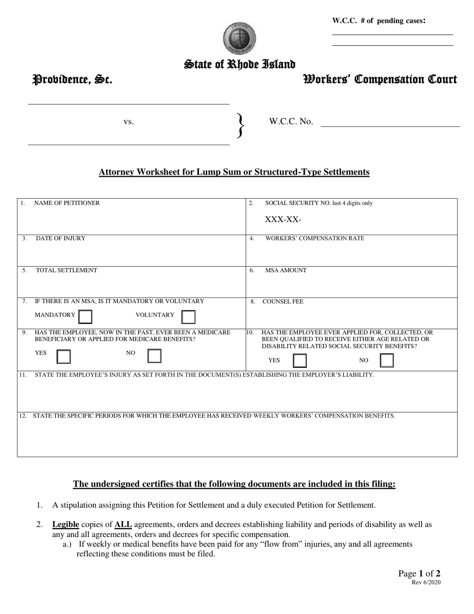 Rhode Island Attorney Worksheet for Lump Sum or Structured-type ...