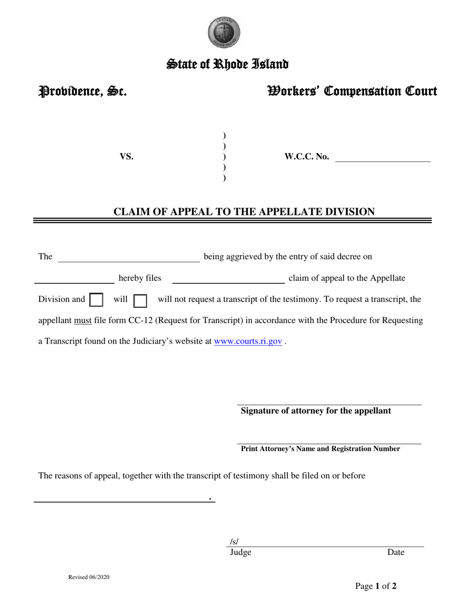 Claim of Appeal to the Appellate Division - Rhode Island, Page 1