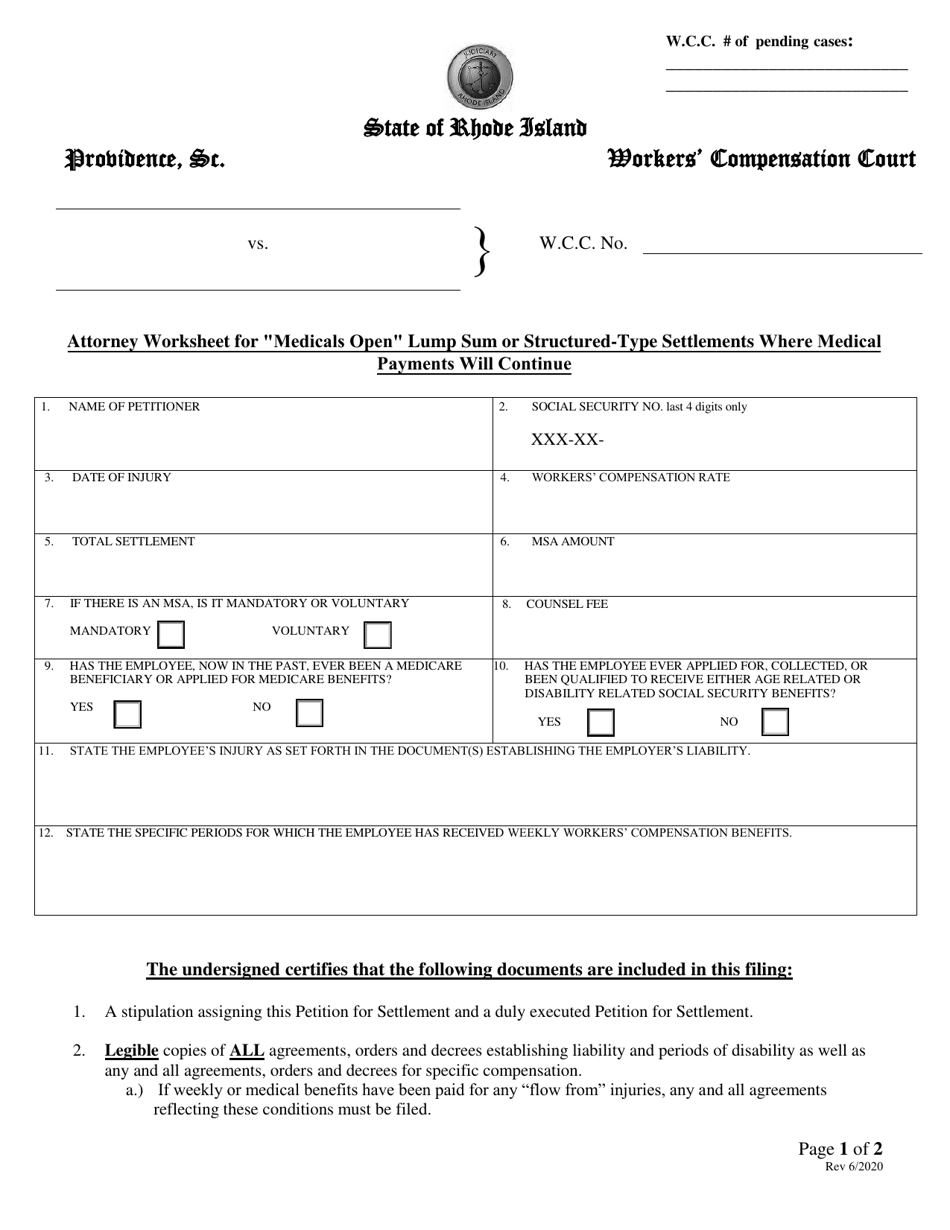 Attorney Worksheet for medicals Open Lump Sum or Structured-type Settlement Where Medical Payments Will Continue - Rhode Island, Page 1