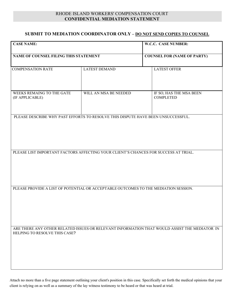 Confidential Mediation Statement - Rhode Island, Page 1