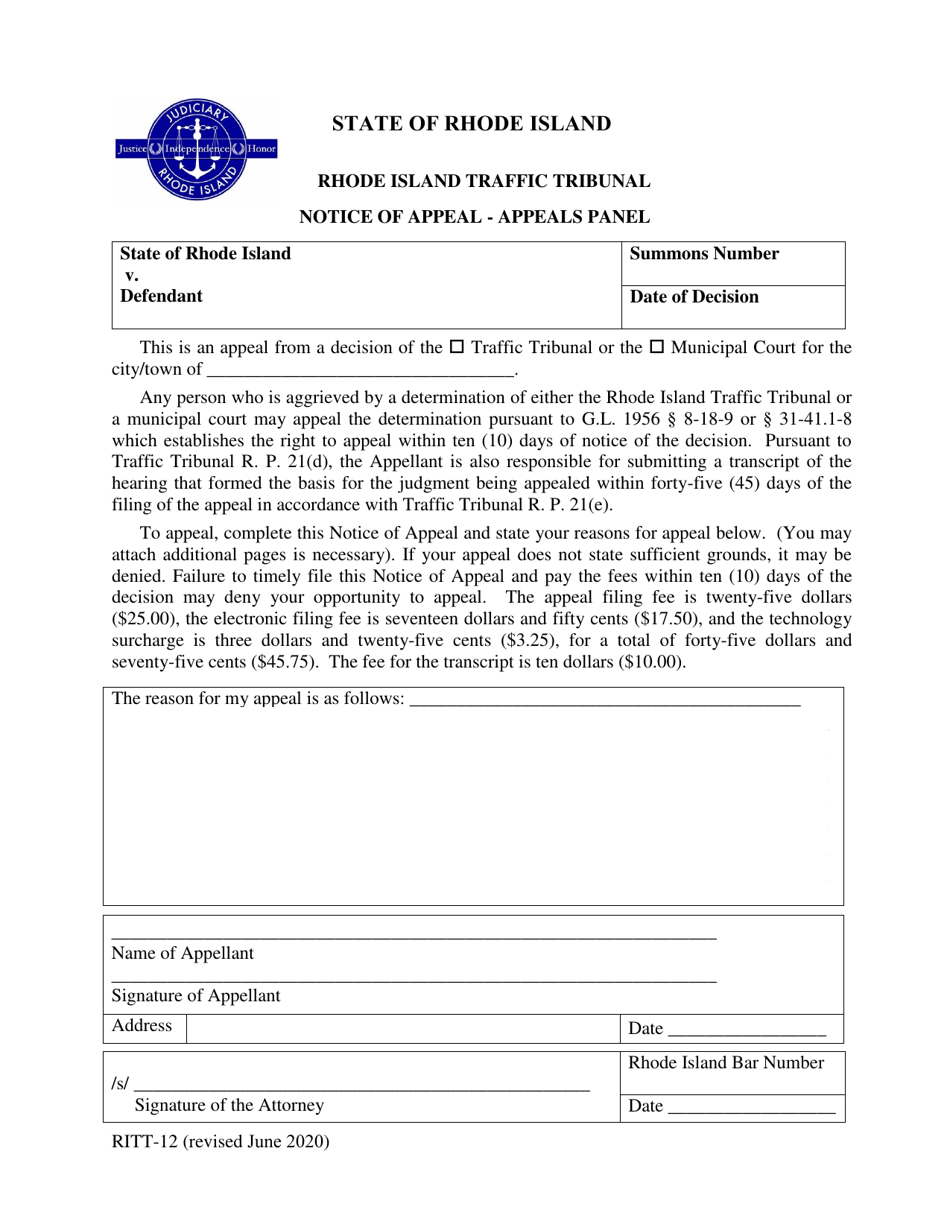 Form RITT-12 Notice of Appeal - Appeals Panel - Rhode Island, Page 1