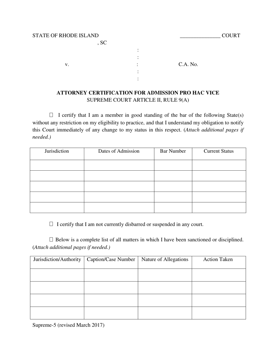 Form Supreme-5 Attorney Certification for Admission Pro Hac Vice - Rhode Island, Page 1