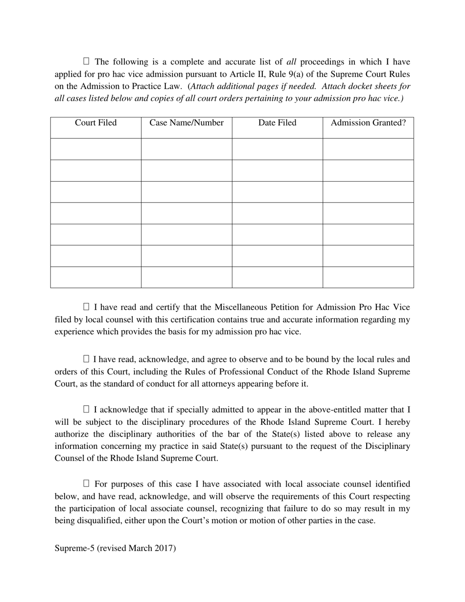 Form Supreme-5 Attorney Certification for Admission Pro Hac Vice - Rhode Island, Page 2