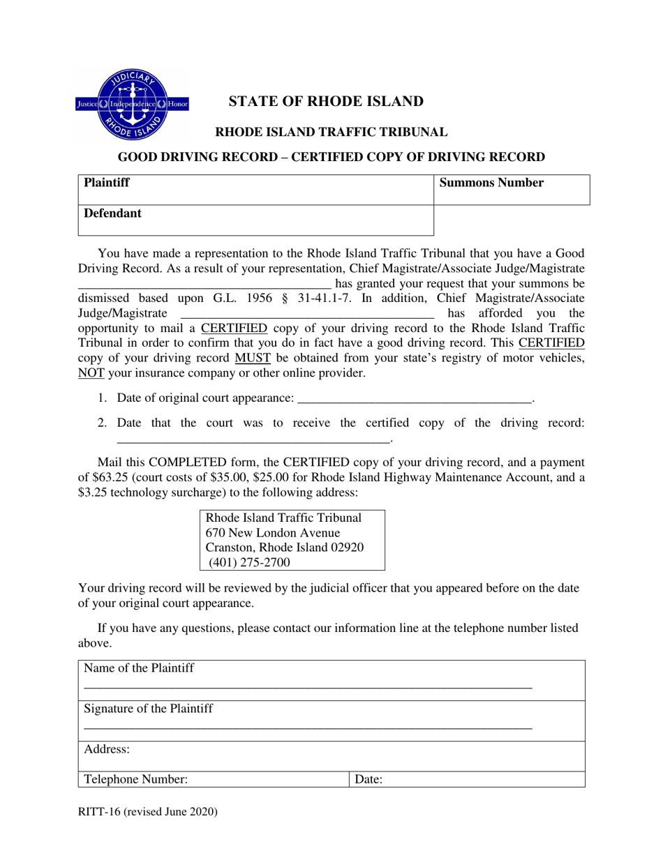 Form RITT-16 Good Driving Record - Certified Copy of Driving Record - Rhode Island, Page 1