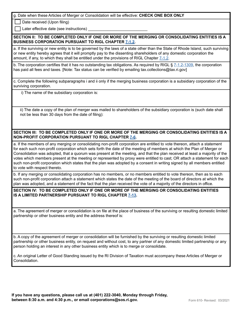Form 610 Application for Articles of Merger - Domestic or Foreign Business Corporation, Limited Partnership, Limited Liability Company or Non-profit Corporation - Rhode Island, Page 4