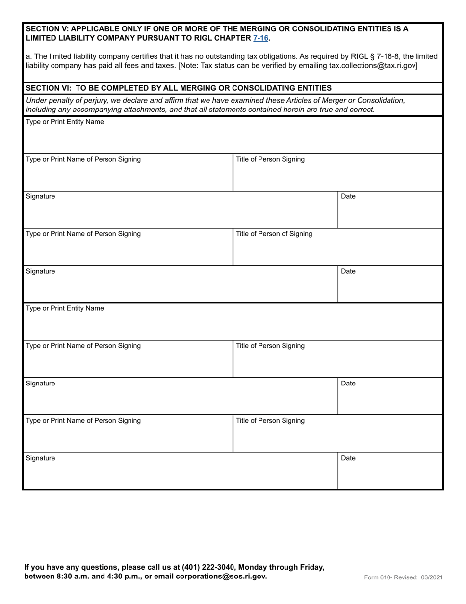 Form 610 Application for Articles of Merger - Domestic or Foreign Business Corporation, Limited Partnership, Limited Liability Company or Non-profit Corporation - Rhode Island, Page 5