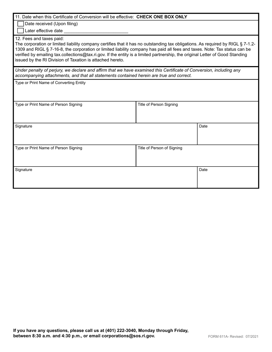 Form 611A Application for Certificate of Conversion to a Non-rhode Island Entity - Domestic Business Corporation, Limited Partnership or Limited Liability Company - Rhode Island, Page 3