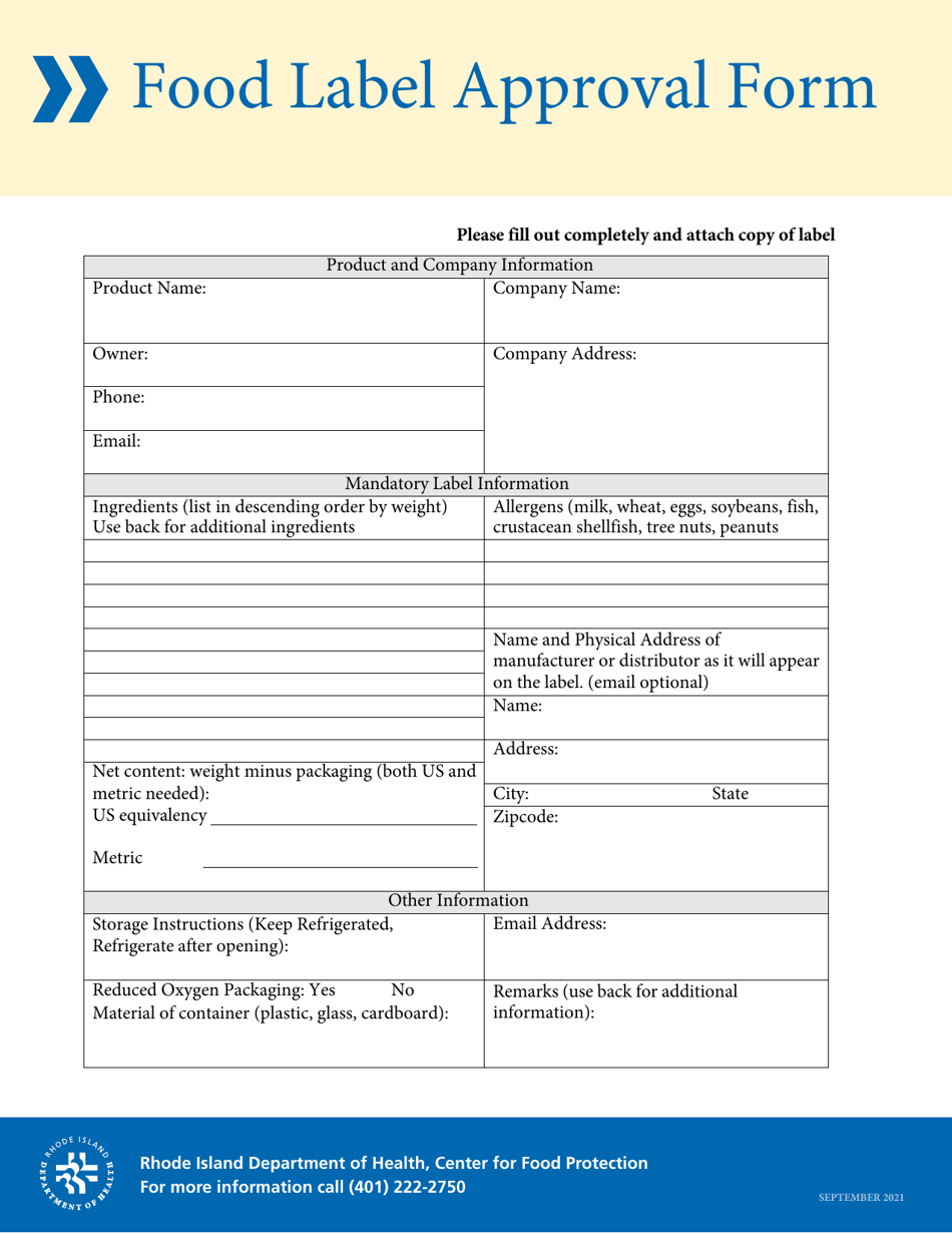 Food Label Approval Form - Rhode Island, Page 1