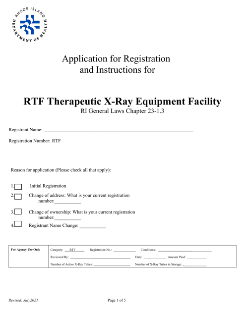 Application for Registration for Rtf Therapeutic X-Ray Equipment Facility - Rhode Island Download Pdf