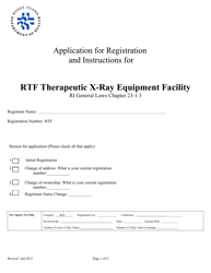 Application for Registration for Rtf Therapeutic X-Ray Equipment Facility - Rhode Island