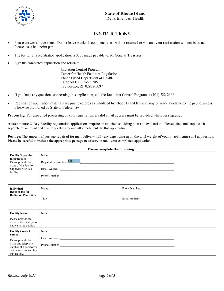 Application for Registration for Rtf Therapeutic X-Ray Equipment Facility - Rhode Island, Page 2
