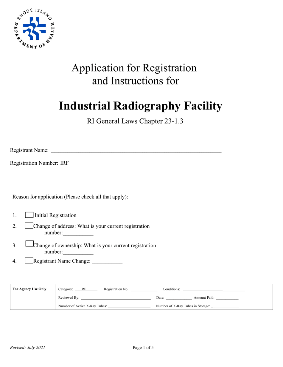 Application for Registration for Industrial Radiography Facility - Rhode Island, Page 1