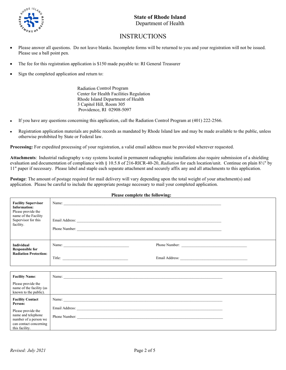 Application for Registration for Industrial Radiography Facility - Rhode Island, Page 2