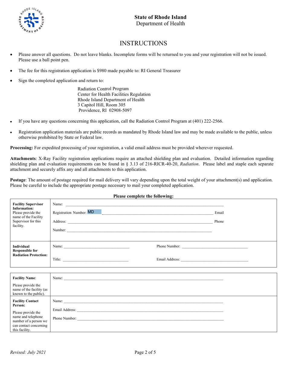 Application for Registration for Hrf Diagnostic X-Ray Equipment Facility - Rhode Island, Page 2